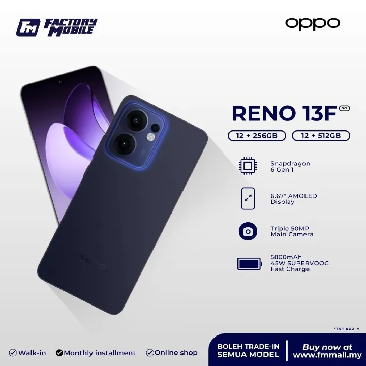 Oppo Reno 13F 4G Key Features RAM: 8GB Storage: 256GB OS:  , ColorOS 14 Camera: 50MP + 8MP + 2MP Selfie: 32MP Display: 6.67 inch, AMOLED,120Hz Processor: Qualcomm SM6225 Android 15,SMARTPHONES