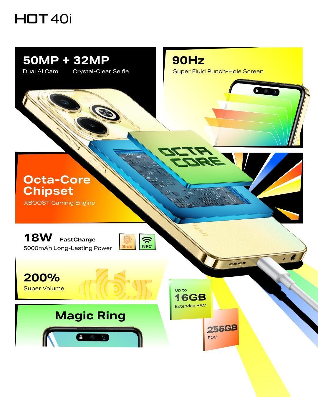 [Super Brand Sale] INFINIX HOT 40I 128GB ROM + 8GB RAM 90Hz PUNCH-HOLE SCREEN 50MP DUAL CAM 32MP Crystal Cam SIDE MOUNTED FINGERPRINT 18W TYPE C FAST CHARGER 5000mAh LONG LASTING POWER SMARTPHONES