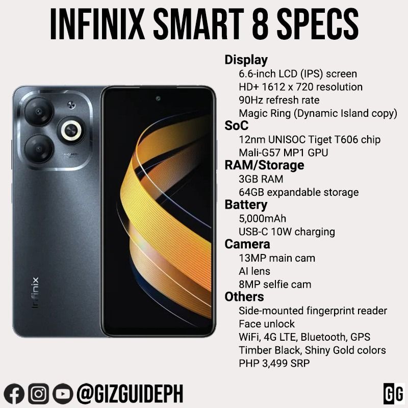 INFINIX SMART 8 128GB STORAGE UPTO 8GB RAM (4+4)GB 8 6.6'' HD PUNCH HOLE SCREEN,13MP DUAL CAMERA, SIDE FINGERPRINT 5000mAh BATTERY SMART PHONES