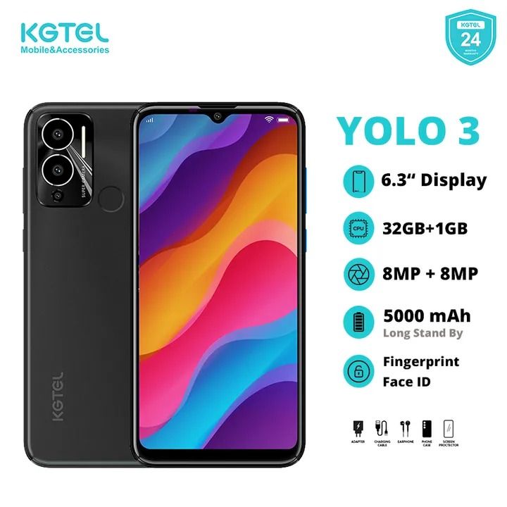 New Arrival KGTEL YOLO 3 32GB ROM 2GB RAM 6.6" HD+ Screen 5000mAh Dual 8MP AI Camera fingerprint unlocks Smart Phones White 128GB
