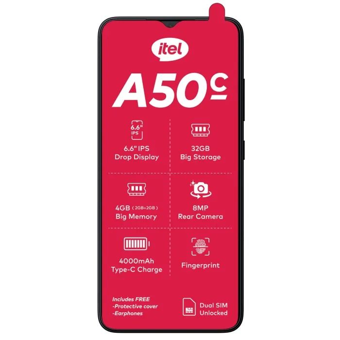 [NEW] ITEL A50C 32GB ROM+2GB RAM(Expandable upto 4GB RAM) 3G 4000mAh Battery capacity 6.56`` display 8.0MP Main camera 5.0MP selfie Dual sim-Smartphones