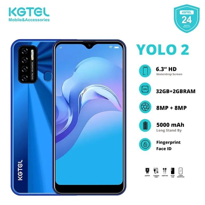 New Arrivals KGTEL YOLO 2 32GB ROM 2GB RAM 6.3" HD Screen 5000mAh Dual Sim 3G LTE Network 8MP AI Camera fingerprint unlocks Smart Phones