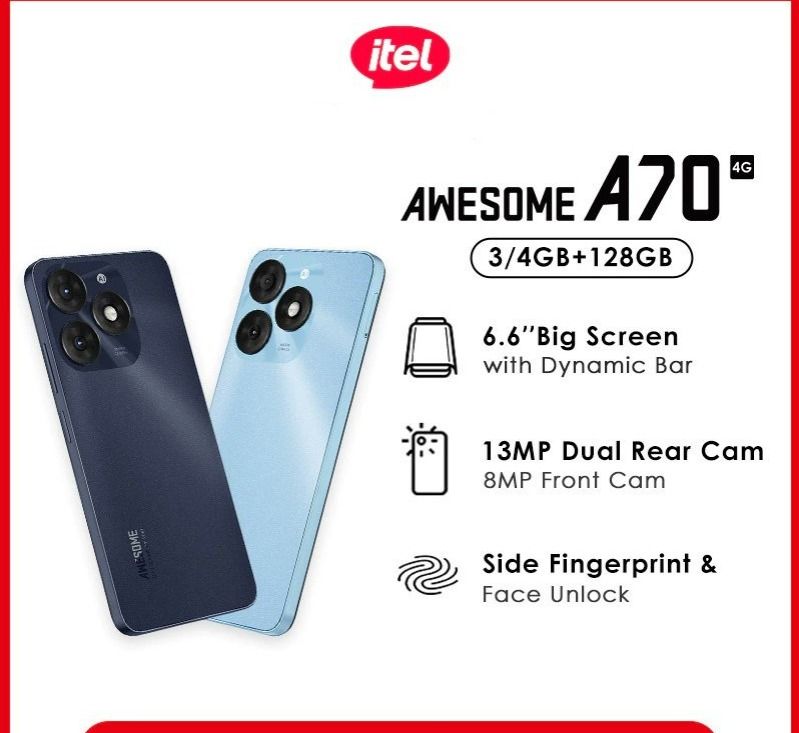 Brand New ITEL A70 4G AWESOME 128 Storage UPTO 8GB RAM (3+5) 6.6''HD SCREEN 5000MP battery capacity 13MP HDR DUAL REAR CAMERA, 8MP FRONT CAMERA 5000mAh SIDE FINGERPRINT SMART PHONE