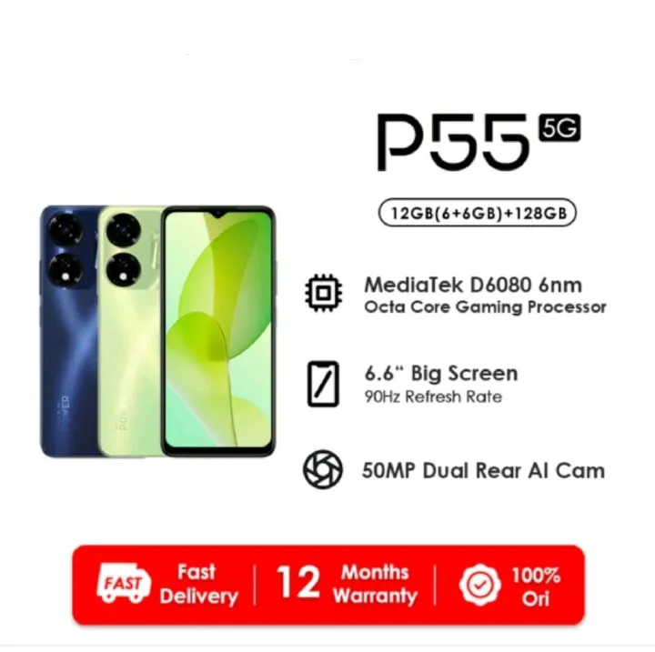 ITEL P55 5G 128GB STORAGE UPTO 16GB RAM (8GB +8GB EXTENDED) 45W POWER CHARGE 6.6''HD+ IPS DISPLAY 50MP + AI DUAL REAR CAMERA 5000mAh BATTERY + TYPE C CHARGING ANDROID 13 90Hz REFRESH RATE SMARTPHONES