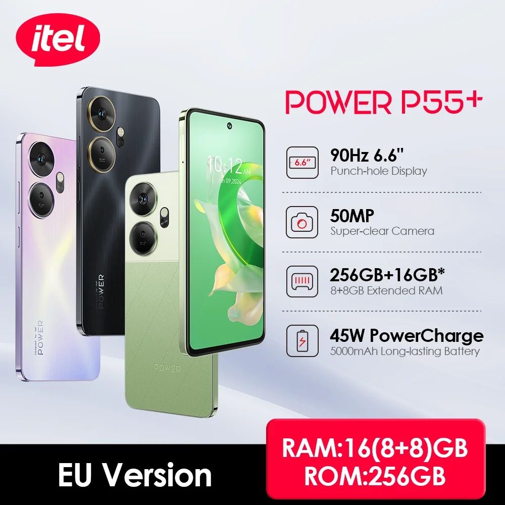 ITEL P55 + PLUS 128GB STORAGE UPTO 16GB RAM (8GB +8GB EXTENDED) 45W POWER CHARGE 6.6'' PUNCH HOLE DISPLAY 50MP MAIN CAMERA 5000mAh BATTERY + TYPE C CHARGING ANDROID 13 90Hz REFRESH RATE SMARTPHONES