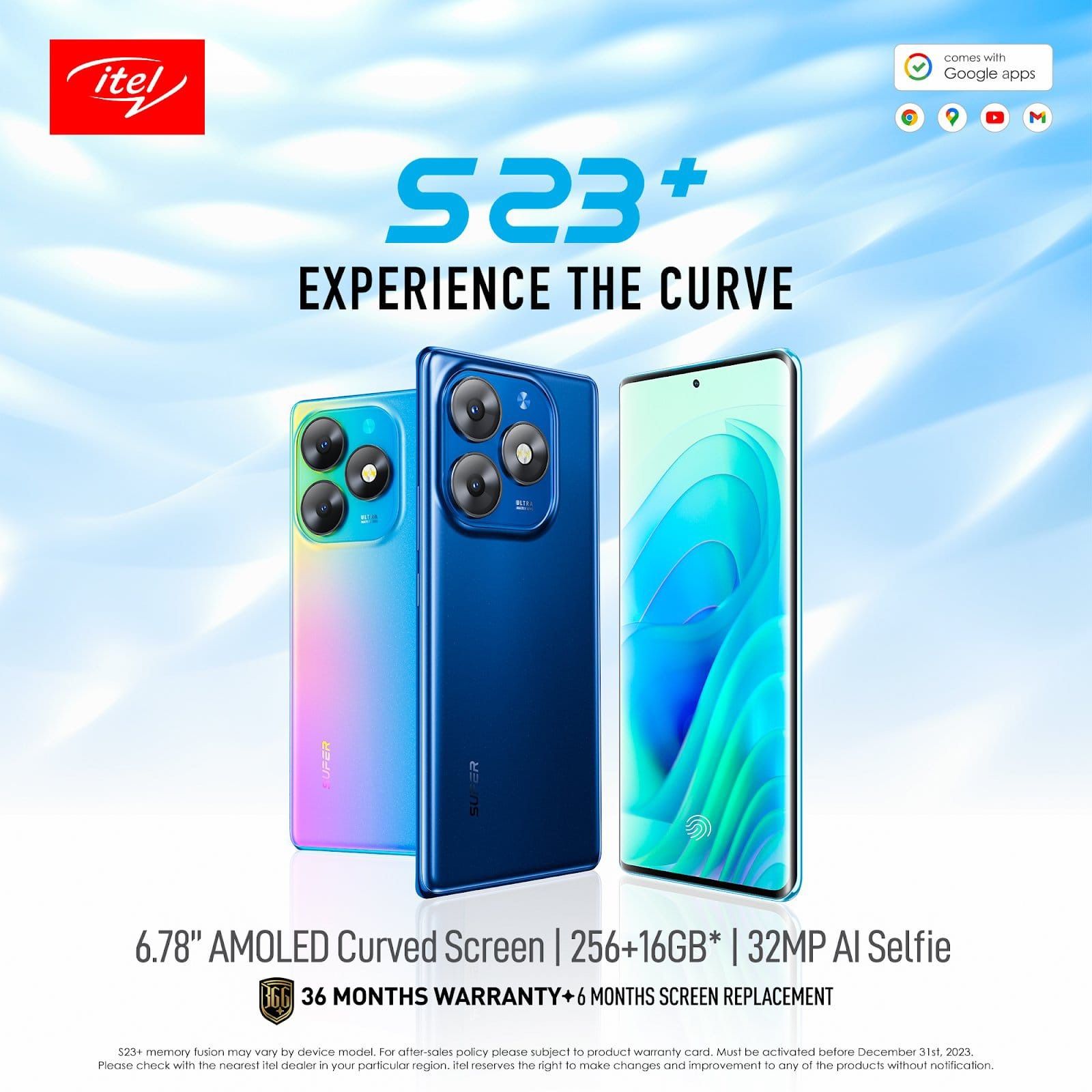 ITEL S23 Plus 6.78’’ FHD + AMOLED Curved Screen 256GB STORAGE UPTO 16GBRAM (8+8)GB 32 + 50MP AI Camera In-display Fingerprint Sensor 18W  Type C Charging System Android 13 GPT AI ASSISTANT Smartphones