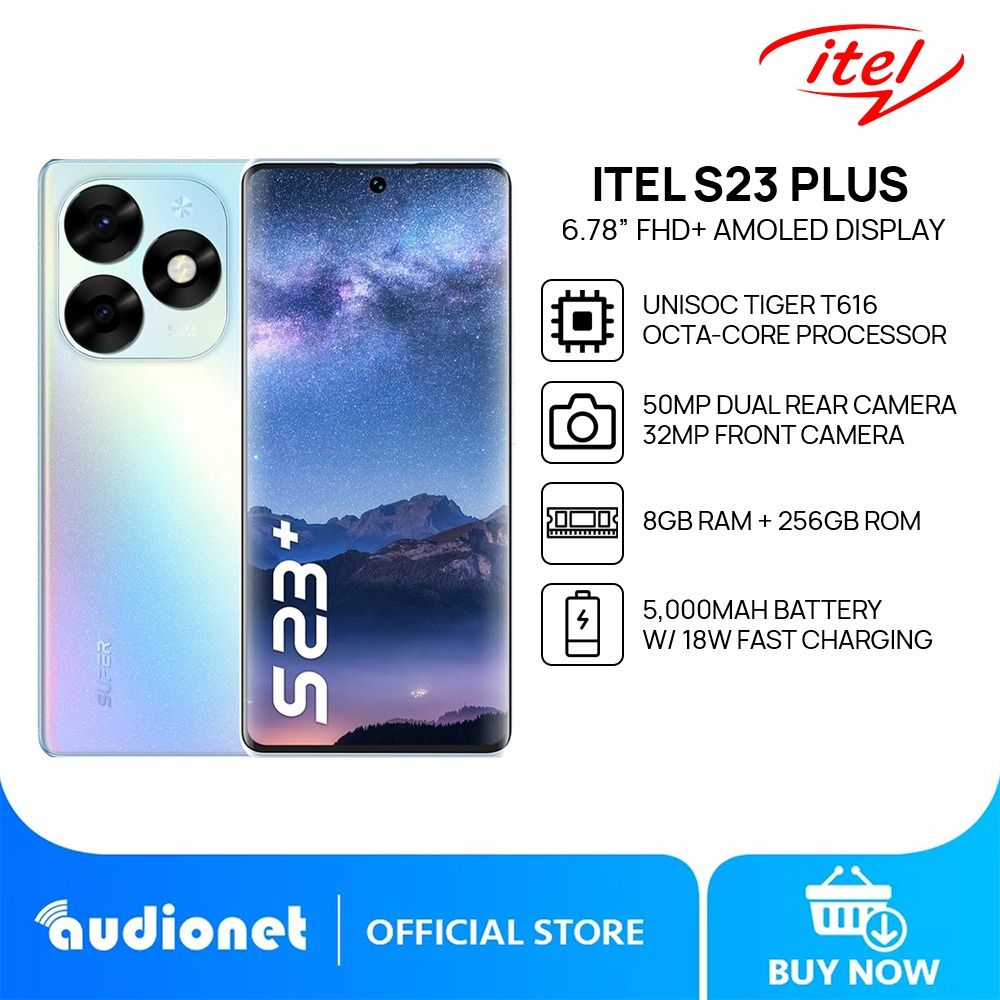 ITEL S23 Plus 6.78’’ FHD + AMOLED Curved Screen 256GB STORAGE UPTO 16GBRAM (8+8)GB 32 + 50MP AI Camera In-display Fingerprint Sensor 18W  Type C Charging System Android 13 GPT AI ASSISTANT Smartphones