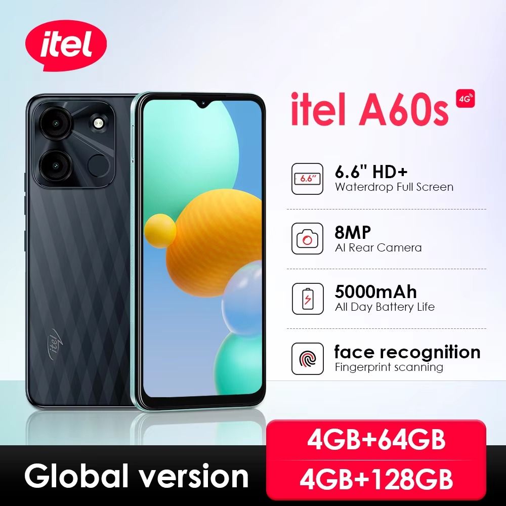 Brand New Itel A60s Dual SIM 64GB,(4+4) GB RAM 13MP Camera 5000mAh battery capacity  6.6 Inch HD + Waterdrop Full Screen Phone Fingerprint unlock smart phone