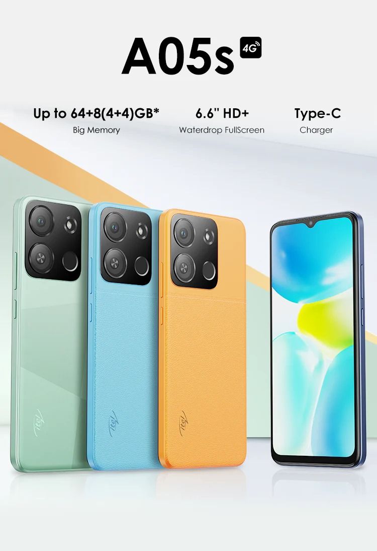 ITEL  A05S 32GB STORAGE 2GB RAM 4000mAh  battery capacity ANDROID13 GO 6.6" HD+ DUAL 8.0mp CAMERA FINGERPRINT unlock DUAL SIM SMART PHONE