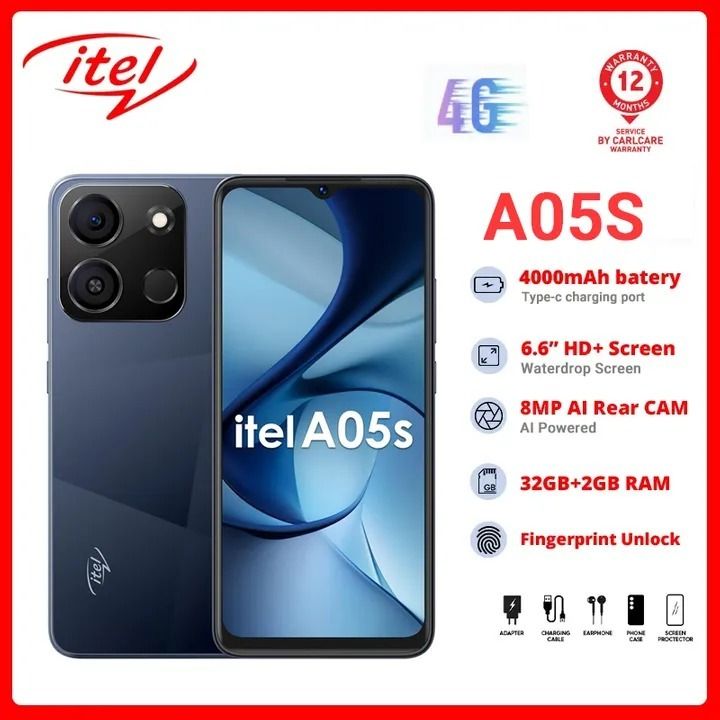 ITEL  A05S 32GB STORAGE 2GB RAM 4000mAh  battery capacity ANDROID13 GO 6.6" HD+ DUAL 8.0mp CAMERA FINGERPRINT unlock DUAL SIM SMART PHONE