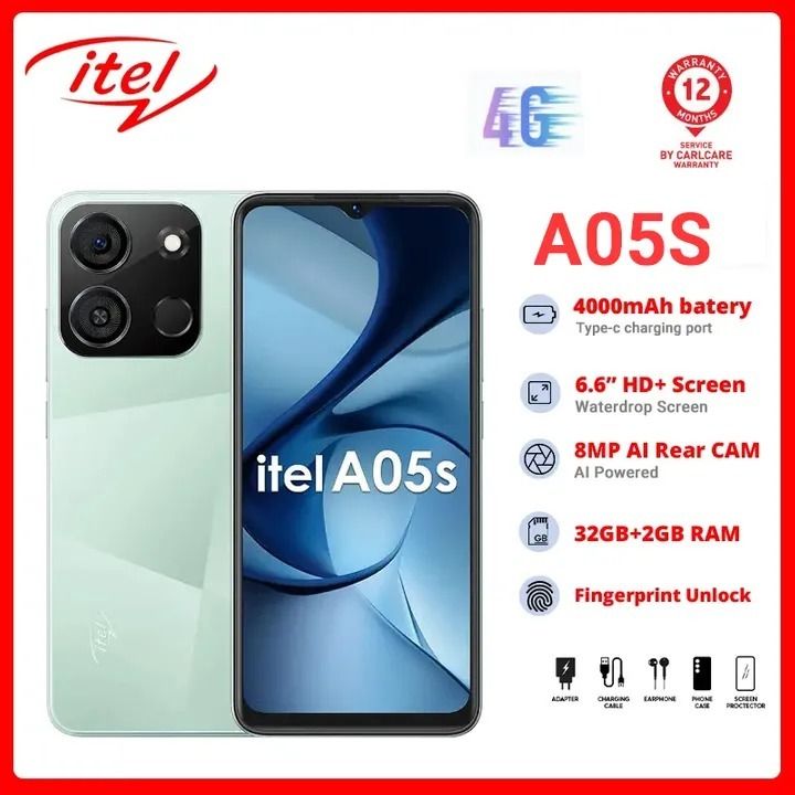 ITEL  A05S 32GB STORAGE 2GB RAM 4000mAh  battery capacity ANDROID13 GO 6.6" HD+ DUAL 8.0mp CAMERA FINGERPRINT unlock DUAL SIM SMART PHONE