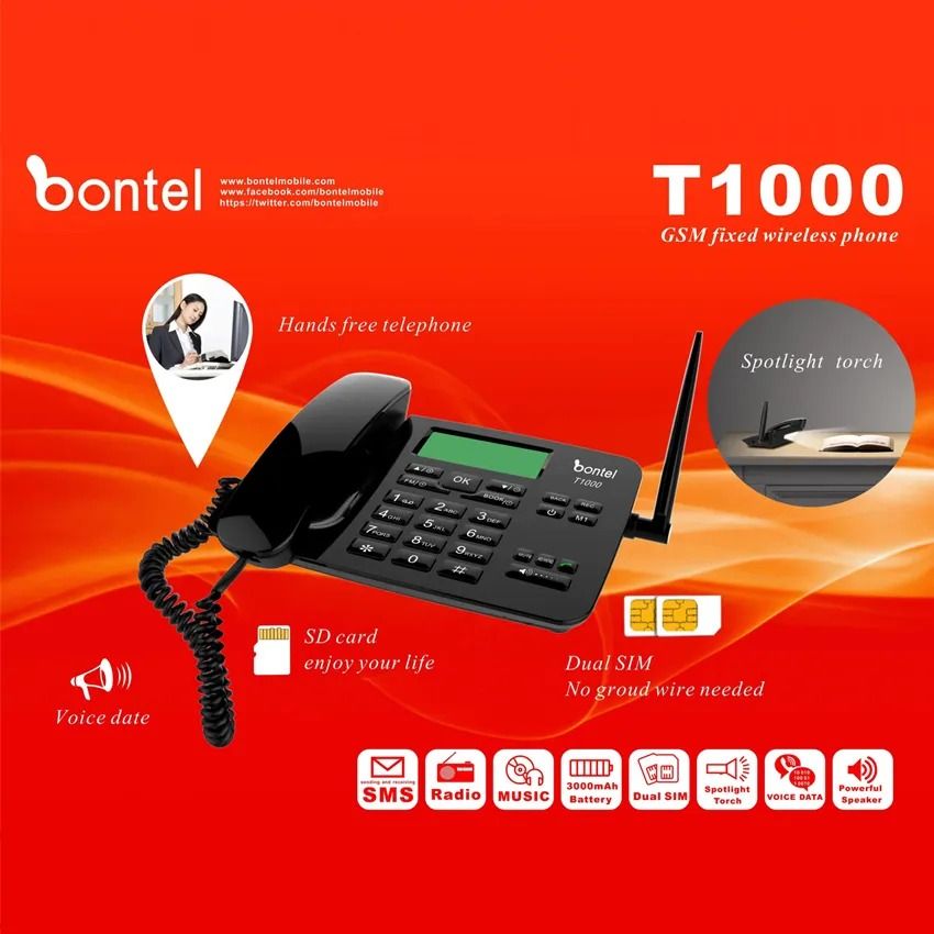 Bontel T1000 GSM Fixed Wireless Landline Desktop Phone 3000mAh Dual Sim with SMS Call FM Radio Featured phone