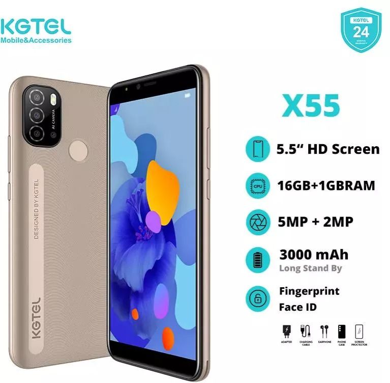 KGTEL X55 5.5"INCHES SCREEN IPS DISPLAY 16GB ROM +1GB RAM ,FINGERPRINT AND FACE UNLOCK 5MP MAIN CAMERA +2MP FRONT CAMERA 3000mAh BATTERY DUAL SIM ANDROID SMARTPHONES