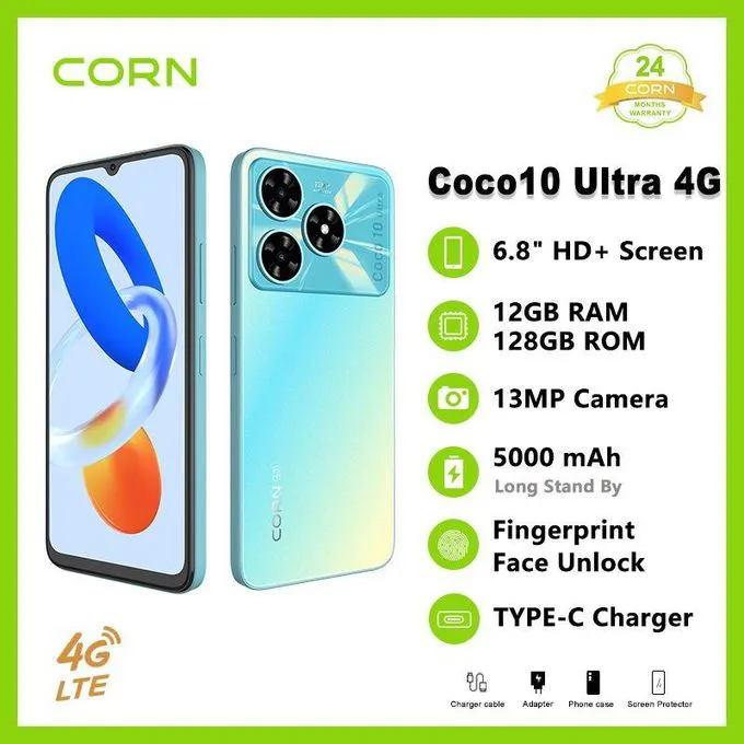Corn Coco 10 Ultra 4G - 128 Gb ROM 12GB(4+8 Extended)GB 5000mAh battery 6.8 Inches HD+ Screen 13 MP Main camera 8MP Selfie 90Hz refresh rate Type-C Charger Android 14 Phone SmartPhone