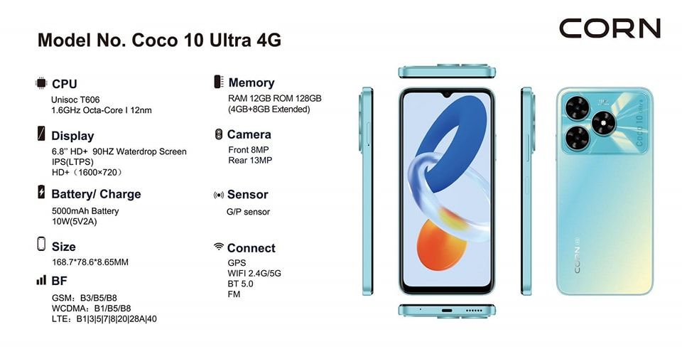 Corn Coco 10 Ultra 4G - 128 Gb ROM 12GB(4+8 Extended)GB 5000mAh battery 6.8 Inches HD+ Screen 13 MP Main camera 8MP Selfie 90Hz refresh rate Type-C Charger Android 14 Phone SmartPhone