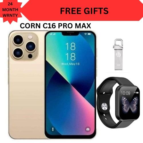 Corn C16 Pro Max 64GB Storage +5(2+3Extended ) RamUnlocked Cell Phone, Android 6.6"HD +WATERDROP SCREEN 13MP Main Camera,8mp Front Camera 5000mAh Dual SIM, Face ID with Free Gifts: Smartwatch & Flash!