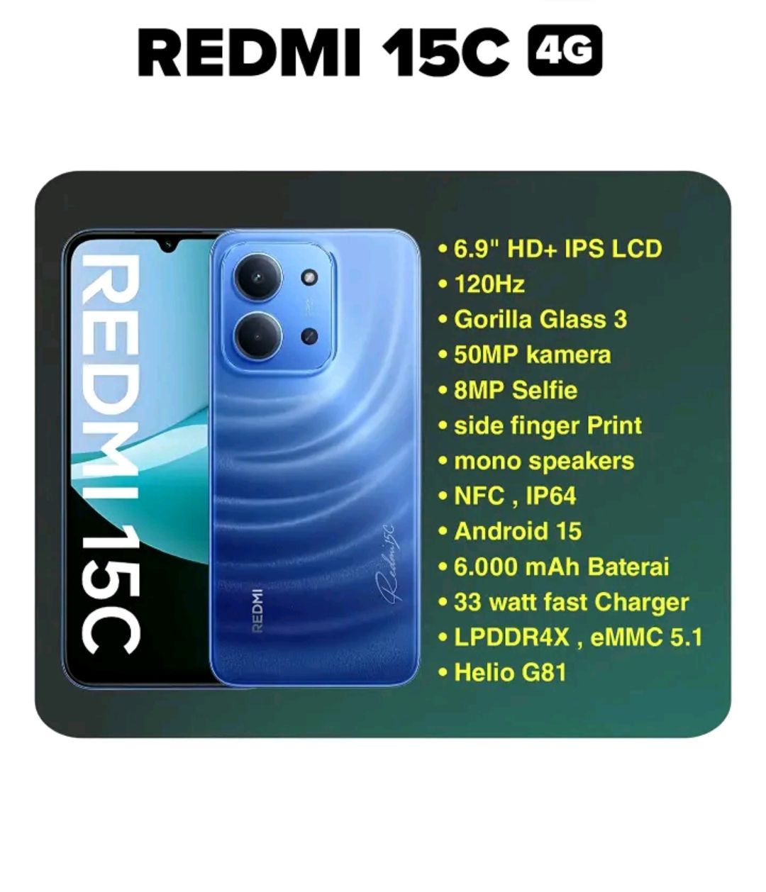 New Arrival REDMI 15C 128GB Storage UPTO 6GB Ram 6.9'' LCD 50MP Main Camera 6000mAh 33W Fast Charger Android 15 Xiaomi Hyper OS 2 Side Fingerprint Smartphopne smart phones