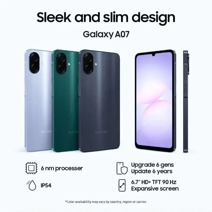 Samsung Galaxy A07 128GB+4GB 6.7" 90Hz Display 50MP Rear+8MP Front Cameras 5000mAh Battery 25W Fast Charging IP54 One UI 7 Android 15+(6Years Of OS Updates) Galaxy AI Smartphones smart phone