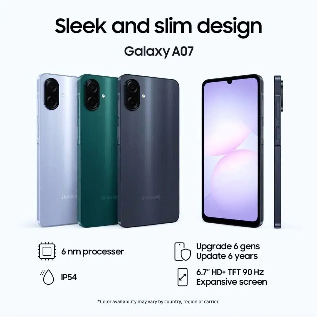 Samsung Galaxy A07 128GB+4GB 6.7" 90Hz Display 50MP Rear+8MP Front Cameras 5000mAh Battery 25W Fast Charging IP54 One UI 7 Android 15+(6Years Of OS Updates) Galaxy AI Smartphones smart phone