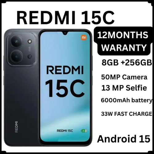 REDMI 15C 256B Storage UPTO 16GB(8+8)GB Extension Ram 6.9'' LCD 50MP Main Camera 6000mAh 33W Fast Charger Android 15 120Hz Refresh Rate Xiaomi Hyper OS 2 Side Fingerprint Smartphone smart phones