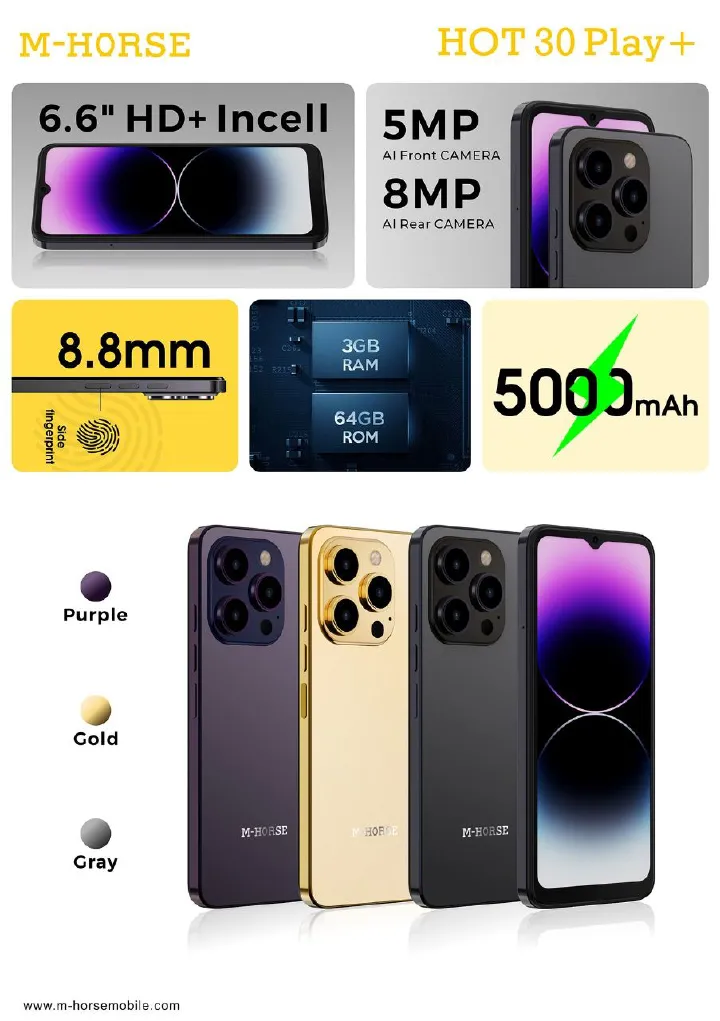 [BRAND NEW] M-HORSE HOT 30 Play + 6.6'' display Android 13.0 ; CPU: Quad-Core ; RAM 3GB+ROM 64GB-Dual:5MP ,Front+8MP ,Rear Fingerprint Battery: 5000mAh Battery smart phones