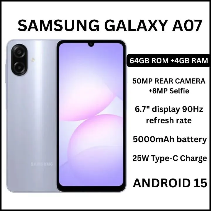 Samsung Galaxy A07 128GB+4GB 6.7" 90Hz Display 50MP Rear+8MP Front Cameras 5000mAh Battery 25W Fast Charging IP54 One UI 7 Android 15+(6Years Of OS Updates) Galaxy AI Smartphones smart phone