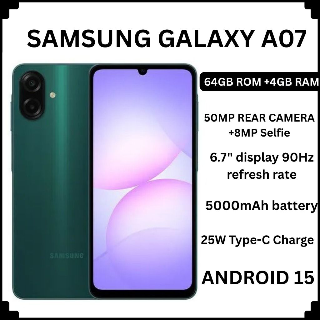 Samsung Galaxy A07 128GB+4GB 6.7" 90Hz Display 50MP Rear+8MP Front Cameras 5000mAh Battery 25W Fast Charging IP54 One UI 7 Android 15+(6Years Of OS Updates) Galaxy AI Smartphones smart phone