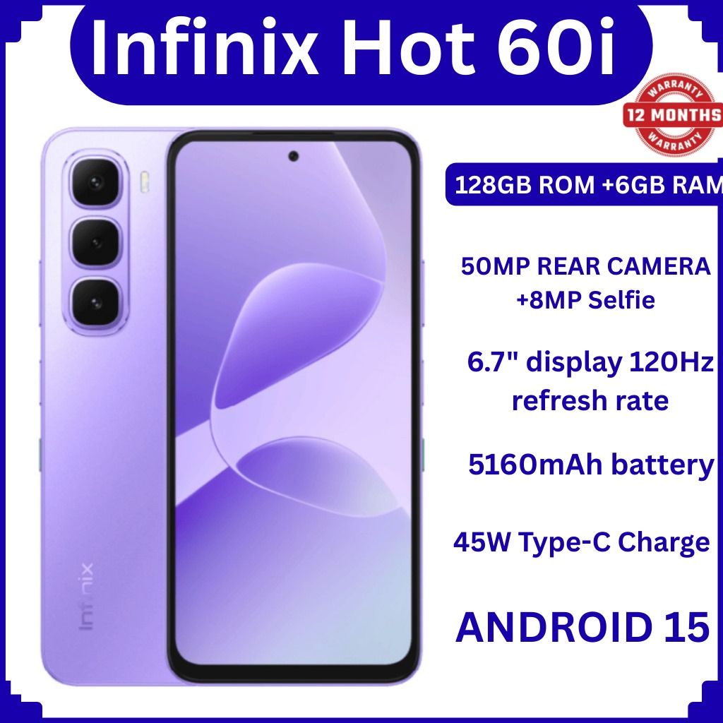 [NEW ARRIVALS]INFINIX HOT 60i 6.7''display128GB ROM 6GB RAM 120HZ screen 4g dual sim5160mAh 50MP REAR CAMERA+8MP Selfie FINGERPRINT 45w type-C CHARGE ANDROID 15 12 months warranty SMARTPHONES