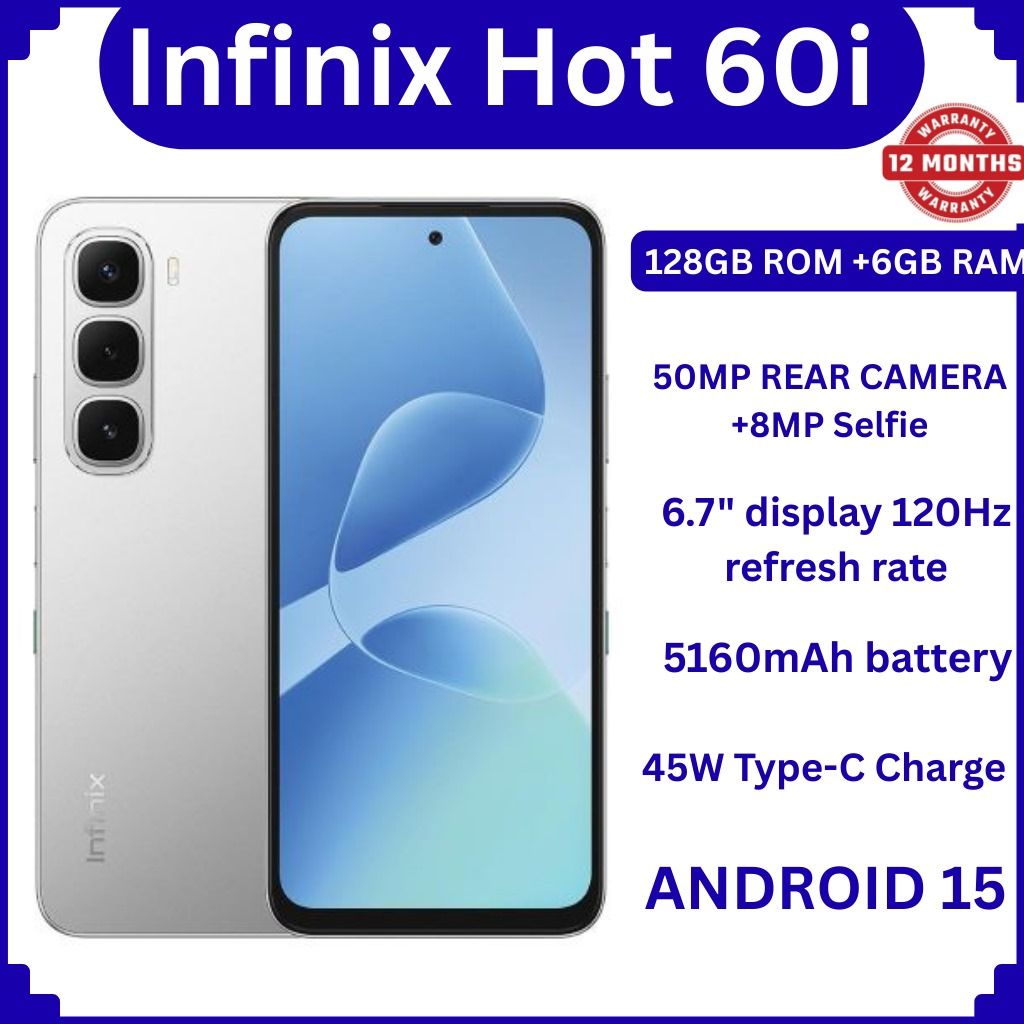 [NEW ARRIVALS]INFINIX HOT 60i 6.7''display128GB ROM 6GB RAM 120HZ screen 4g dual sim5160mAh 50MP REAR CAMERA+8MP Selfie FINGERPRINT 45w type-C CHARGE ANDROID 15 12 months warranty SMARTPHONES