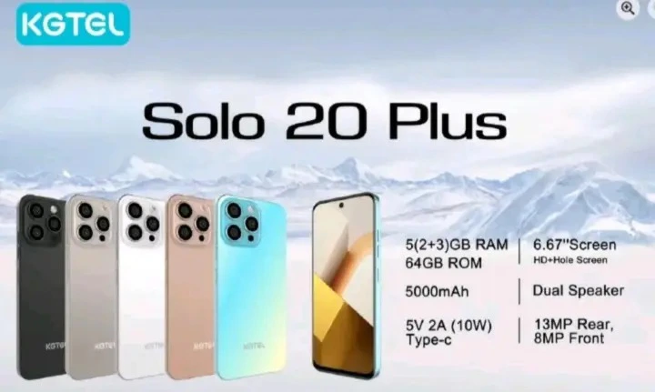 [ NEW ARRIVAL ] KGTEL SOLO 20 PLUS 64GB ROM+5GBRAM BATTERY 5000MAH SCREEN 6.67" NETWORK 2G/3G CAMERA REAR 13MP+FRONT 8MP FACE UNLOCK SIDE MOUNTED FINGERPRINT SMART PHONE