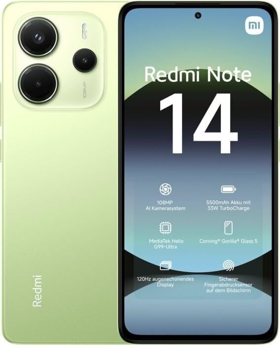 Brand New XIAOMI Redmi Note 14 8GB+256GB 6.67" AMOLED 120Hz Display 108MP Camera 5500mAh Battery IP54 Dust and Splash resistant Fingerprint Unlock 33W Fast Charge Smart Phones