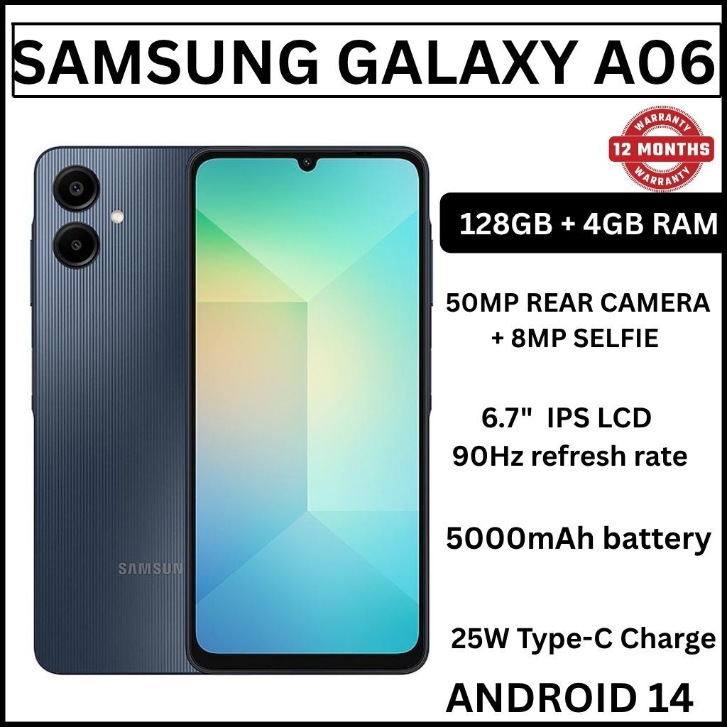 [Limited Offer] Samsung Galaxy A06 128GB+4GB MTK Helio G85 (12nm) 50MP Dual Camera 6.7" Large Display 5000mAh 25W Type-C Charge Android 14 Smart Phones Side Fingerprint Unlock phone
