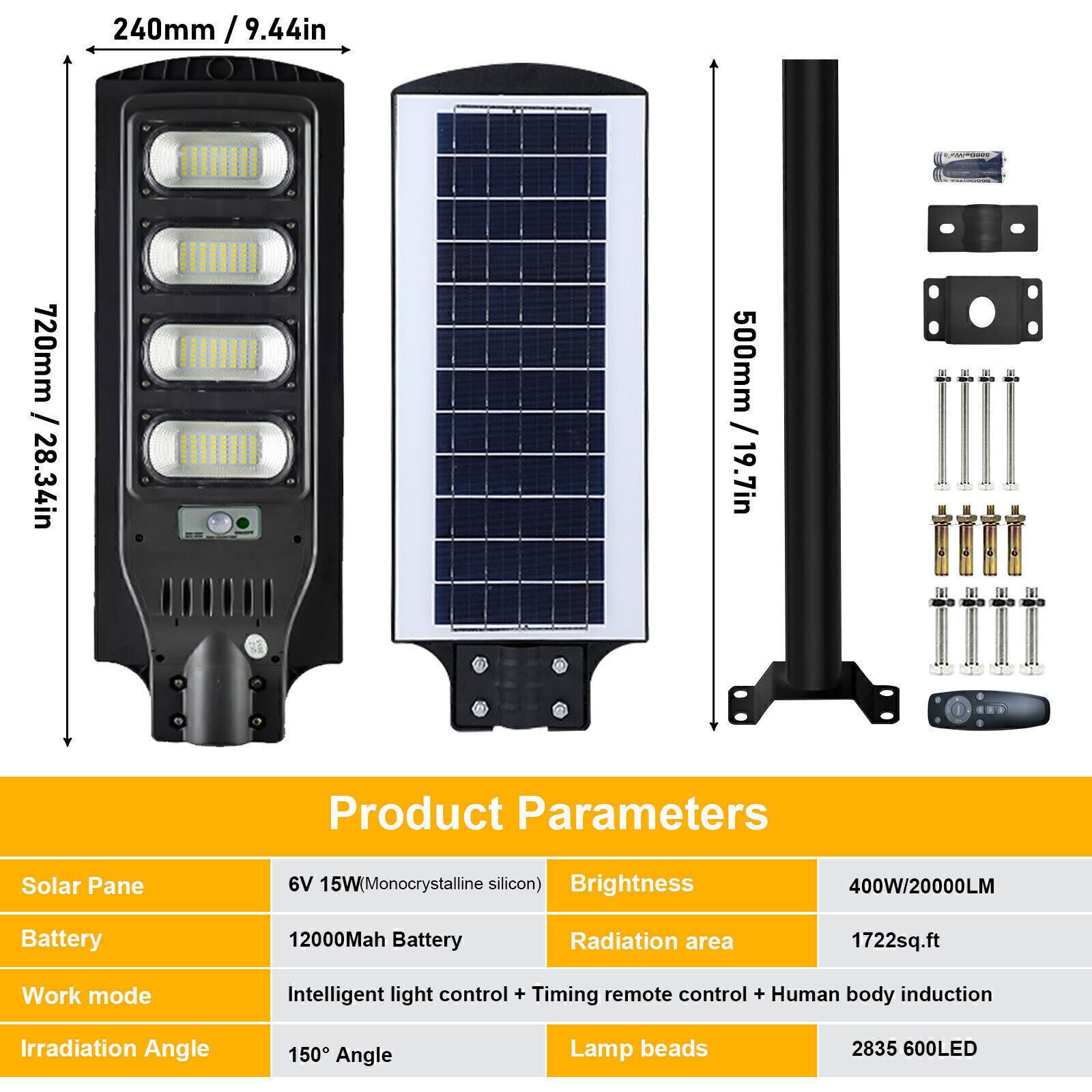400W Solar Street Light Outdoor Waterproof 9900000 LM IP65 Solar Flood Lights Solar LED Flood Light Dusk to Dawn Lamp Commercial LED Lamp Solar Street Flood Light Outdoor Area Dusk To Dawn Wall Lamp