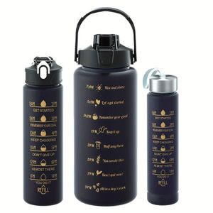 🥳🎉KipFit 3-in-1 Set Water Bottle Motivational Sports Leakproof Bottle (Black).3 piece set of super capacity, press the spring cover and open the cover with one button, convenient and fast. Edible si