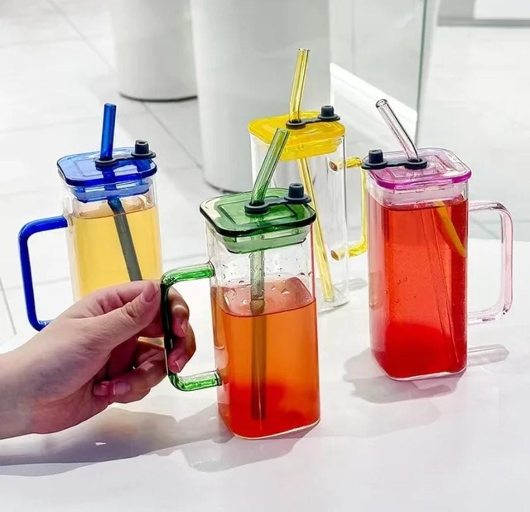 New arrivals🎊🎊🎉🎉💫🔥Borosil Glass Cup With Bamboo Lid and Glass Straw For Iced Coffee, Cute Tumbler Cup For Smoothies, Boba Tea, Whiskey and Water