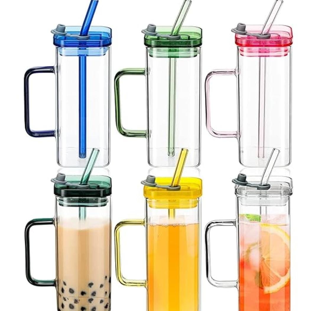New arrivals🎊🎊🎉🎉💫🔥Borosil Glass Cup With Bamboo Lid and Glass Straw For Iced Coffee, Cute Tumbler Cup For Smoothies, Boba Tea, Whiskey and Water