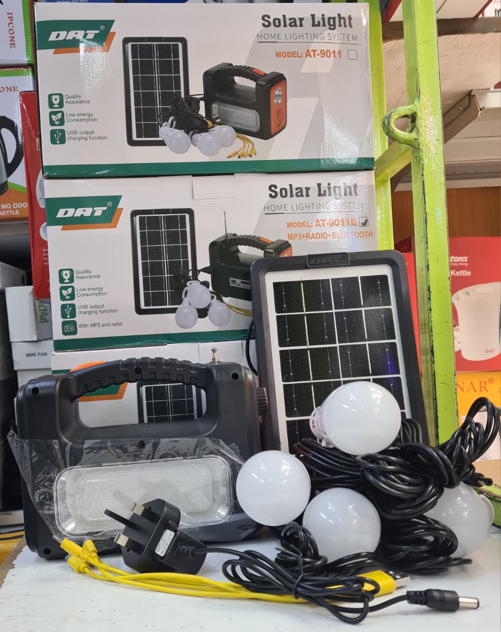 🎇Dat At-9011b Home Solar Lighting System With FM Radio🎉reliable solar lighting kit that has 3 low consumption LED bulbs and a USB multi adapter snake cable that allows you to charge your phones from