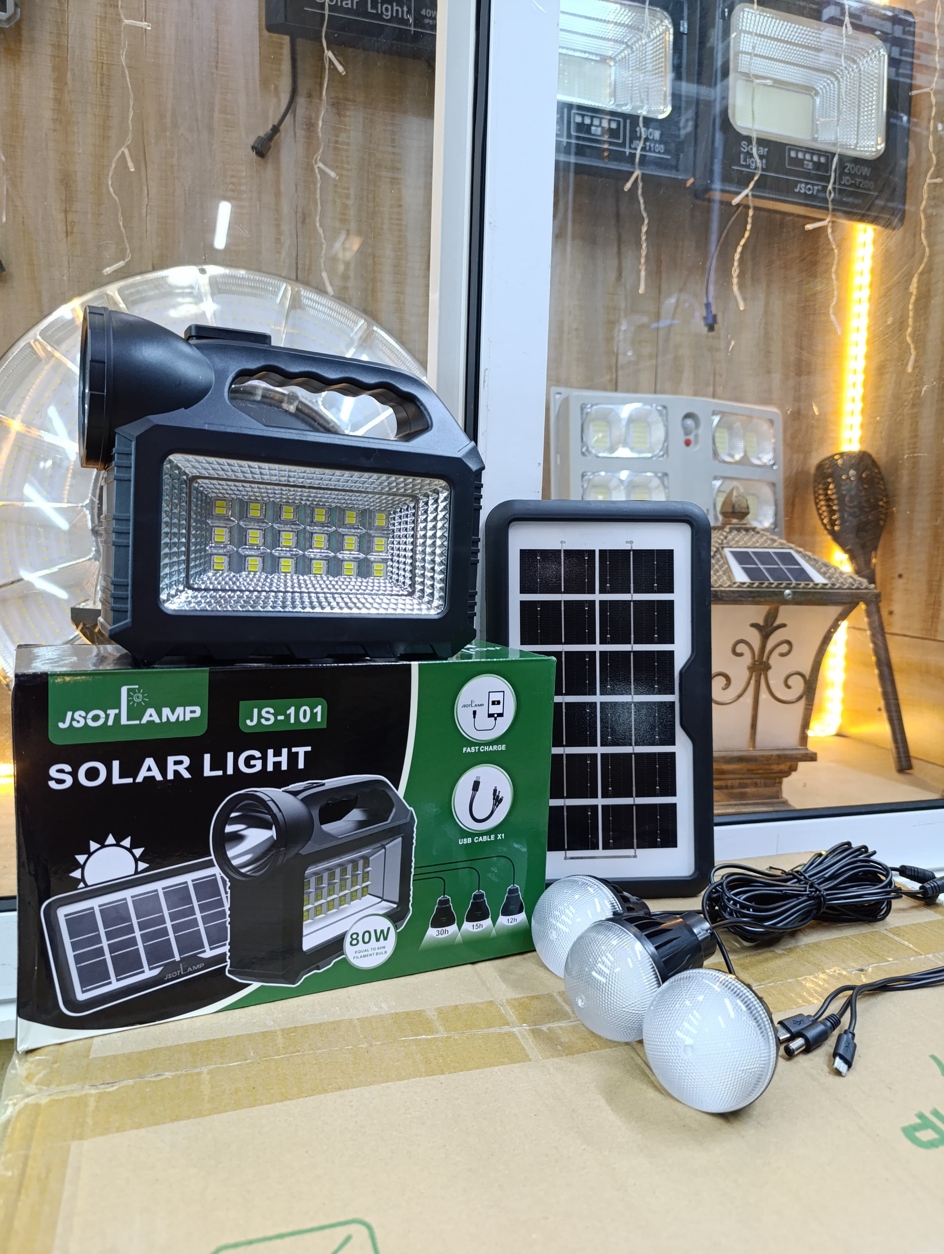 🎇JSOT Solar Lighting System Kit With 3 LED Lights, Solar Panel, Power Cable And Multiple Phone Charger😶‍🌫️lighting system uses a 9V DC 3-7W solar panel to charge the  6V 4Ah sealed lead-acid accumu