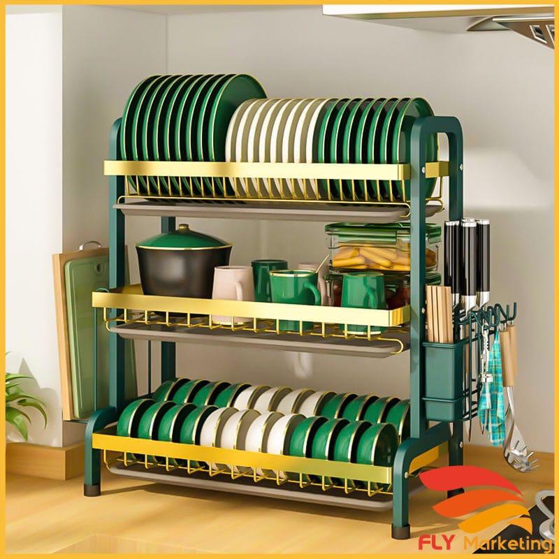 🎇3 Tier High quality carbon steel dish racks🦋Made with heavy-duty stainless steel
Long-lasting
Descent size, 
Capable of holding quite a large number of dishes, utensils & cutting board.
Compartment