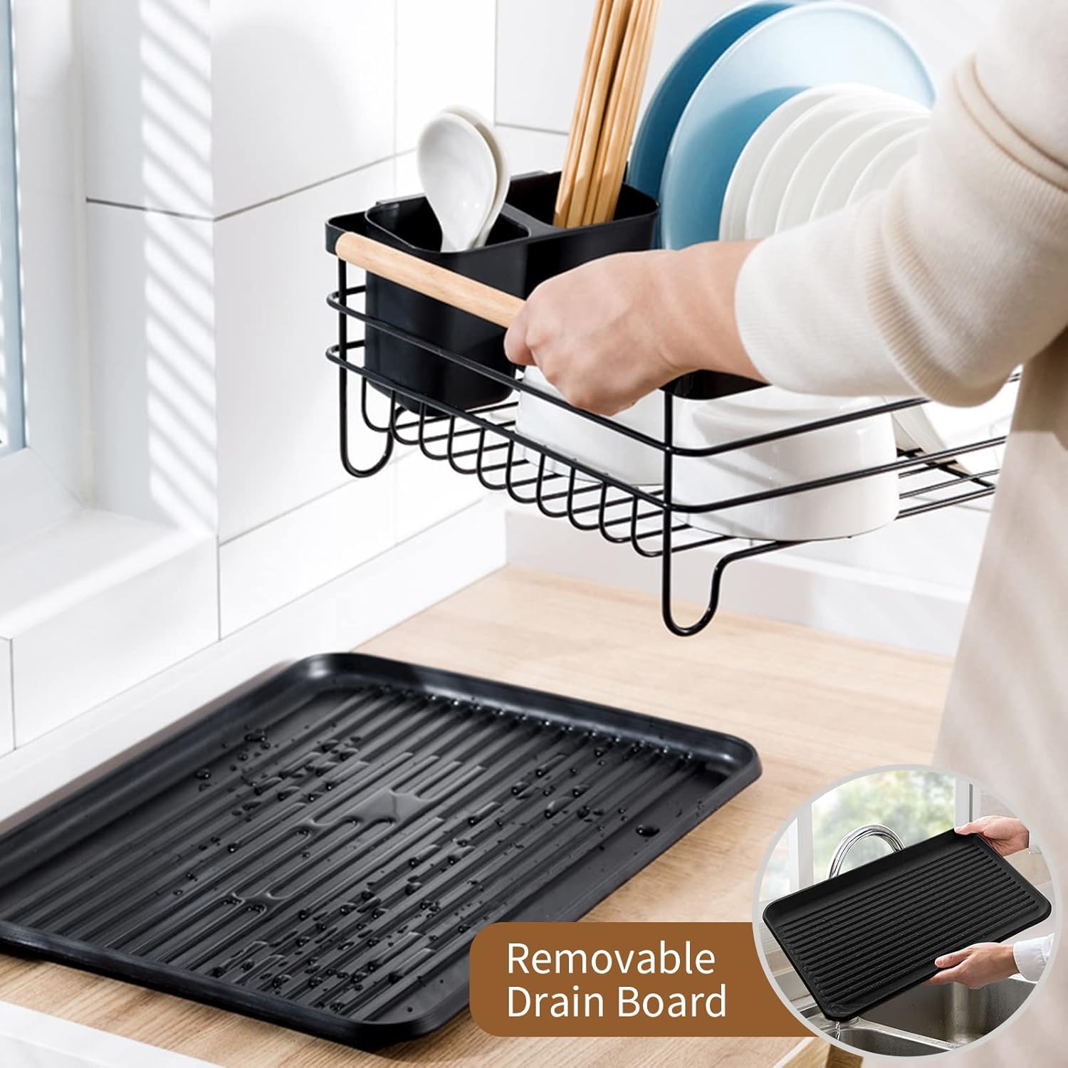 Dish Drainer Rack with Removable Drip Tray, Metal Kitchen Dish Drying Rack Organizer with Wooden Handles, Dish Rack, Dish Drainers, Black, 43 x 30.5 x 14 cm