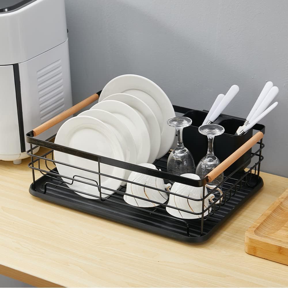 Dish Drainer Rack with Removable Drip Tray, Metal Kitchen Dish Drying Rack Organizer with Wooden Handles, Dish Rack, Dish Drainers, Black, 43 x 30.5 x 14 cm