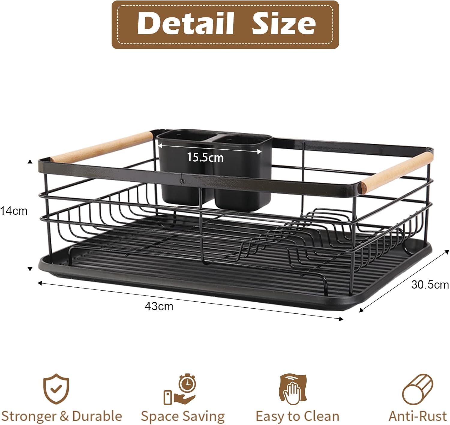 Dish Drainer Rack with Removable Drip Tray, Metal Kitchen Dish Drying Rack Organizer with Wooden Handles, Dish Rack, Dish Drainers, Black, 43 x 30.5 x 14 cm