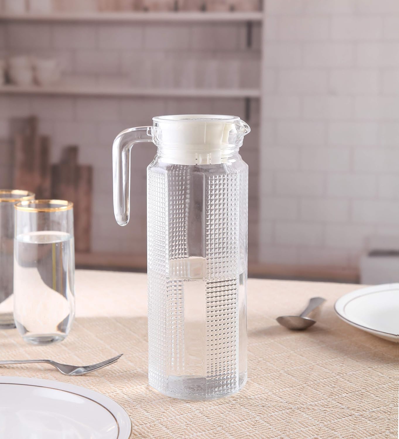 Glass Water/Juice Jug Pitcher Carafe with Handle and Plastic Lid | Hub Glass Water Jug | for Drinking Beverages, Serving Kitchen and Dining/Tableware-Milk, Juice, Water