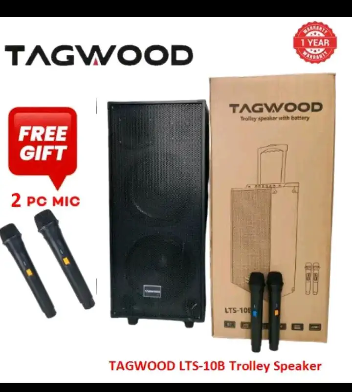 NEW TAGWOOD LTS-10B PORTABLE OUTDOOR TROLLEY SPEAKER WITH TWO FREE WIRELESS MICROPHONES,IN-BUILT BATTERY.