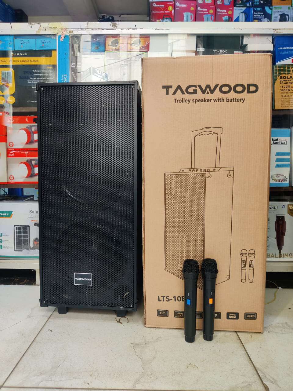 NEW TAGWOOD LTS-10B PORTABLE OUTDOOR TROLLEY SPEAKER WITH TWO FREE WIRELESS MICROPHONES,IN-BUILT BATTERY.