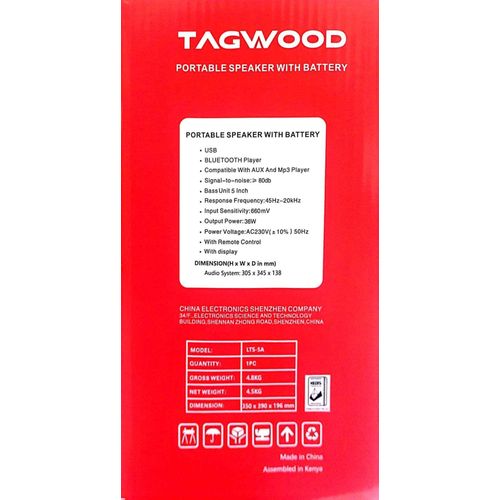NEW Tagwood LTS-5A Portable Speaker (36W) – 5-inch Bass Unit • Bluetooth/USB/AUX • MP3 Support • LED Display & Remote • 45Hz-20kHz Range•Wood Build•4.8 kg•Rechargeable Battery.Has ONE FREE microphone