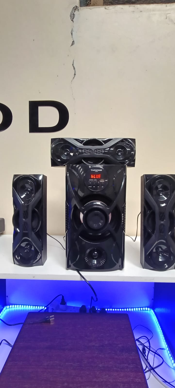 Tagwood LS-631M 3.1CH Subwoofer System with Bluetooth, FM, USB & SD, plus 2 satellite speakers & remote — ideal for home cinema & music.