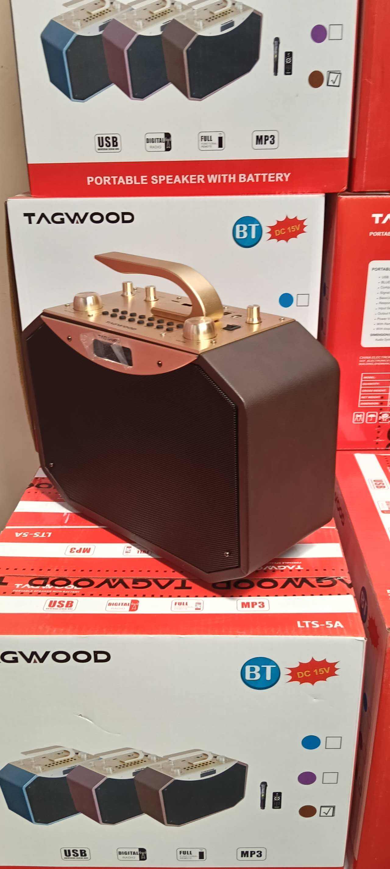 NEW Tagwood LTS-5A Portable Speaker (36W) – 5-inch Bass Unit • Bluetooth/USB/AUX • MP3 Support • LED Display & Remote • 45Hz-20kHz Range•Wood Build•4.8 kg•Rechargeable Battery.Has ONE FREE microphone