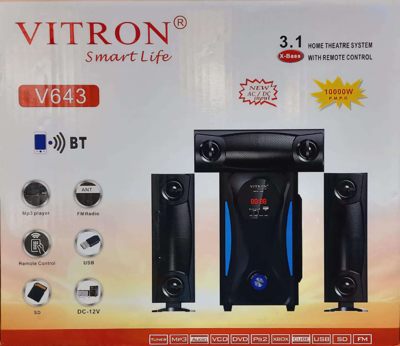 VITRON V643 3.1 CH MODERN MULTIMEDIA SPEAKER 10000PMPO AC/DC WITH AUX DIGITAL FM BLUETOOTH REMOTE CONTROL USB SUPPORT SD CARD.