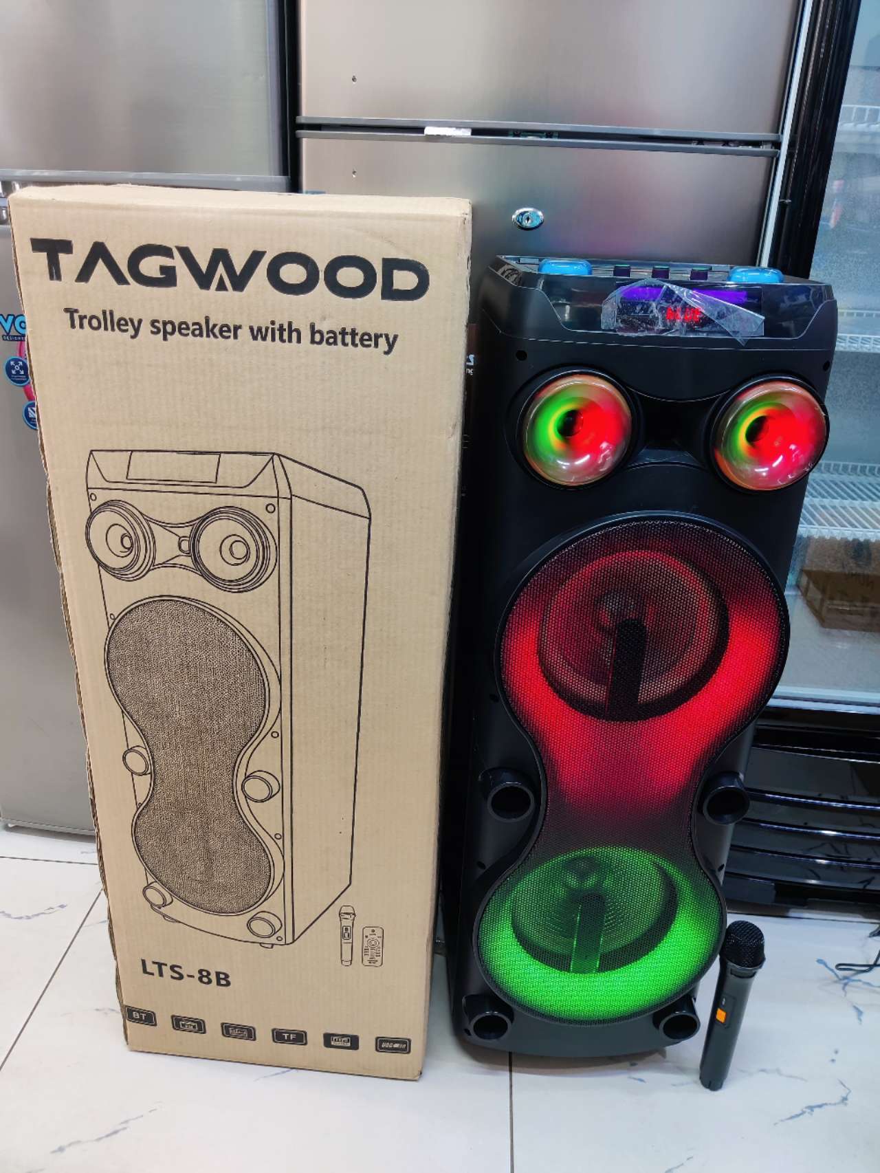 NEW TAGWOOD LTS-8B RECHARGEBLE PORTABLE PARTY BOX WITH ONE WIRELESS MICROPHONE USB FM RADIO BLUETOOTH AND ADJUSTABLE LED LIGHTS